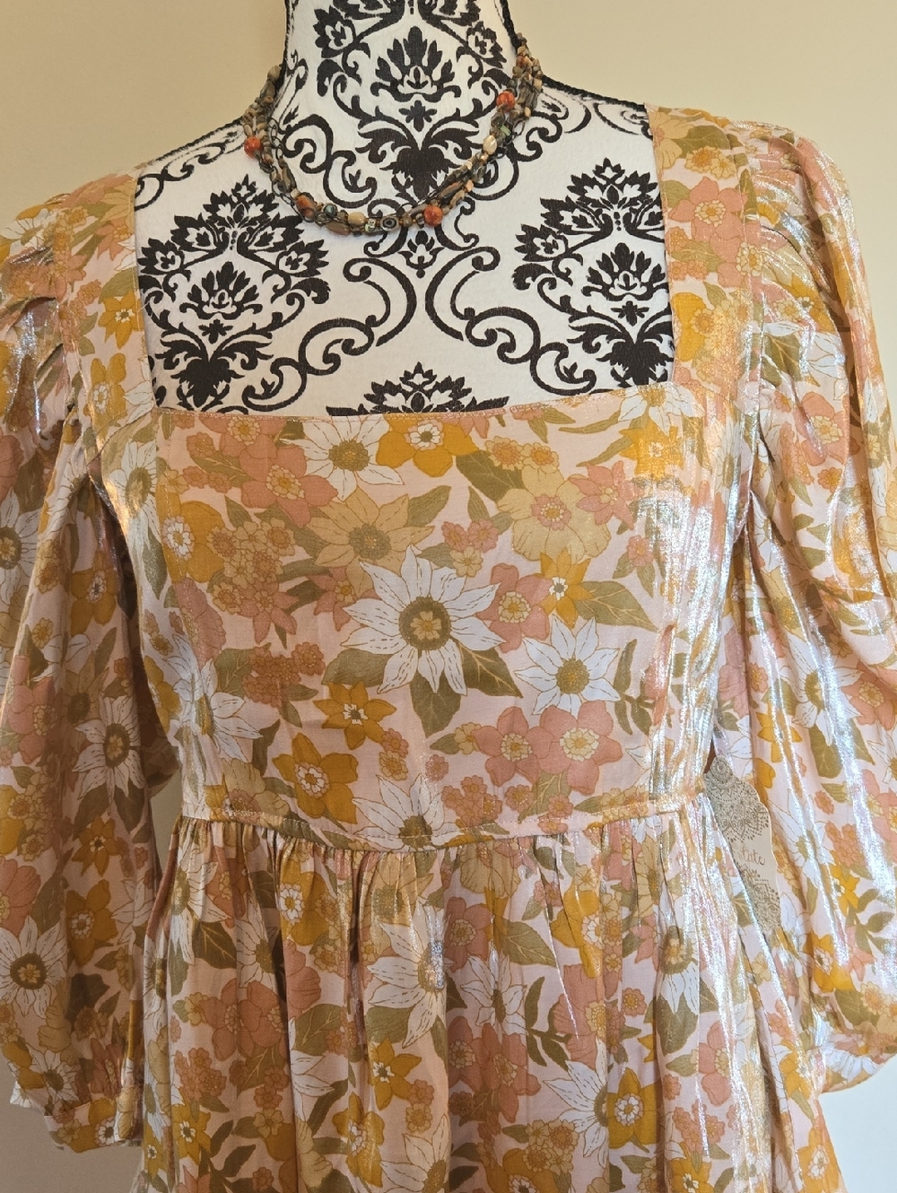 Altar'd State Floral Peasant Blouse in Mustard, Peach & Cream M - Picture 5 of 12